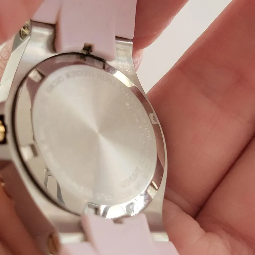 Harrington Womens Watch 36mm White Dial Silver Case Gold Bezel Pink Silicone
